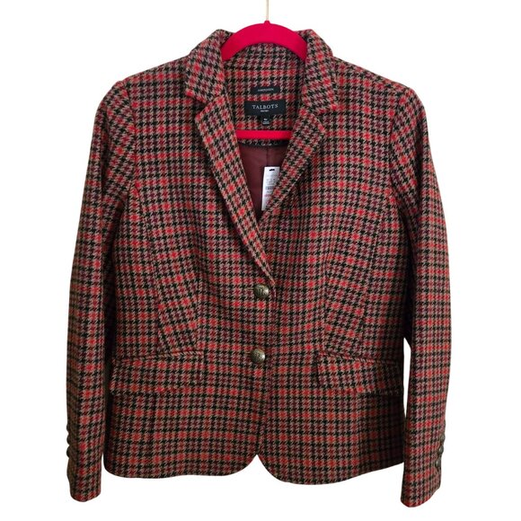 Talbots NWT Shetland Aberdeen Plaid Wool Blend Blazer Red Tan Navy Size 8p - Picture 2 of 10